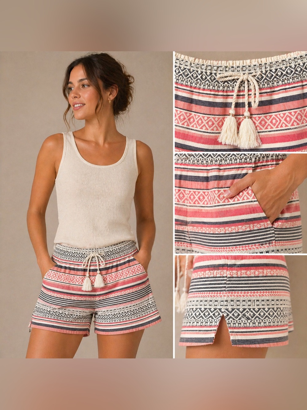 Loft Multi Pattern Stripe Metallic Tribal Chino Shorts Pink Size 12 NWT